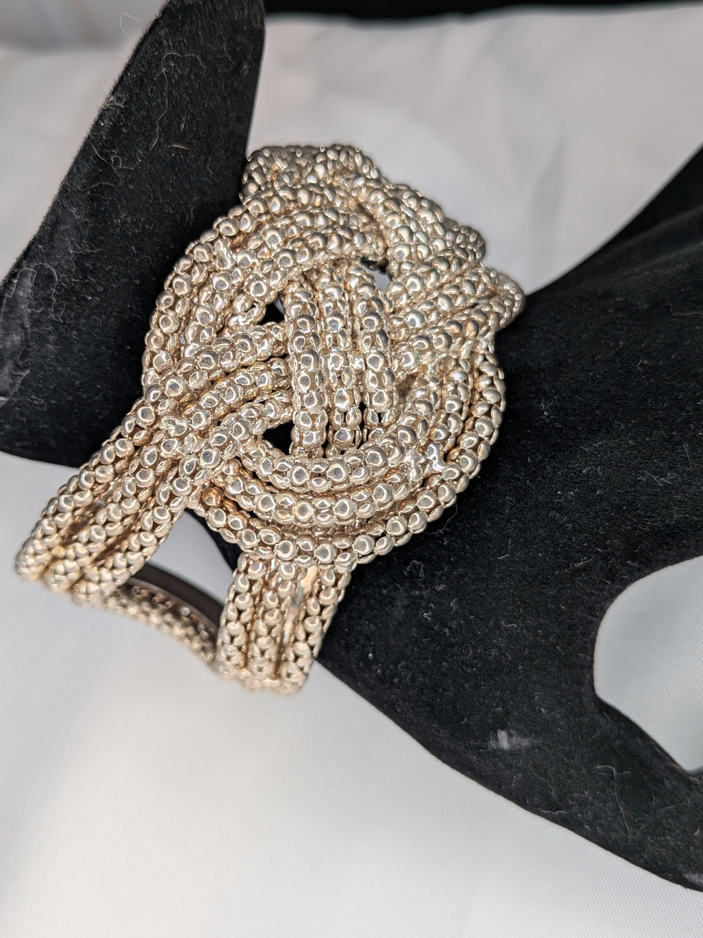 Silver Tone Woven Knot Flexible Cuff Bracelet Textured Caviar Bead Statement